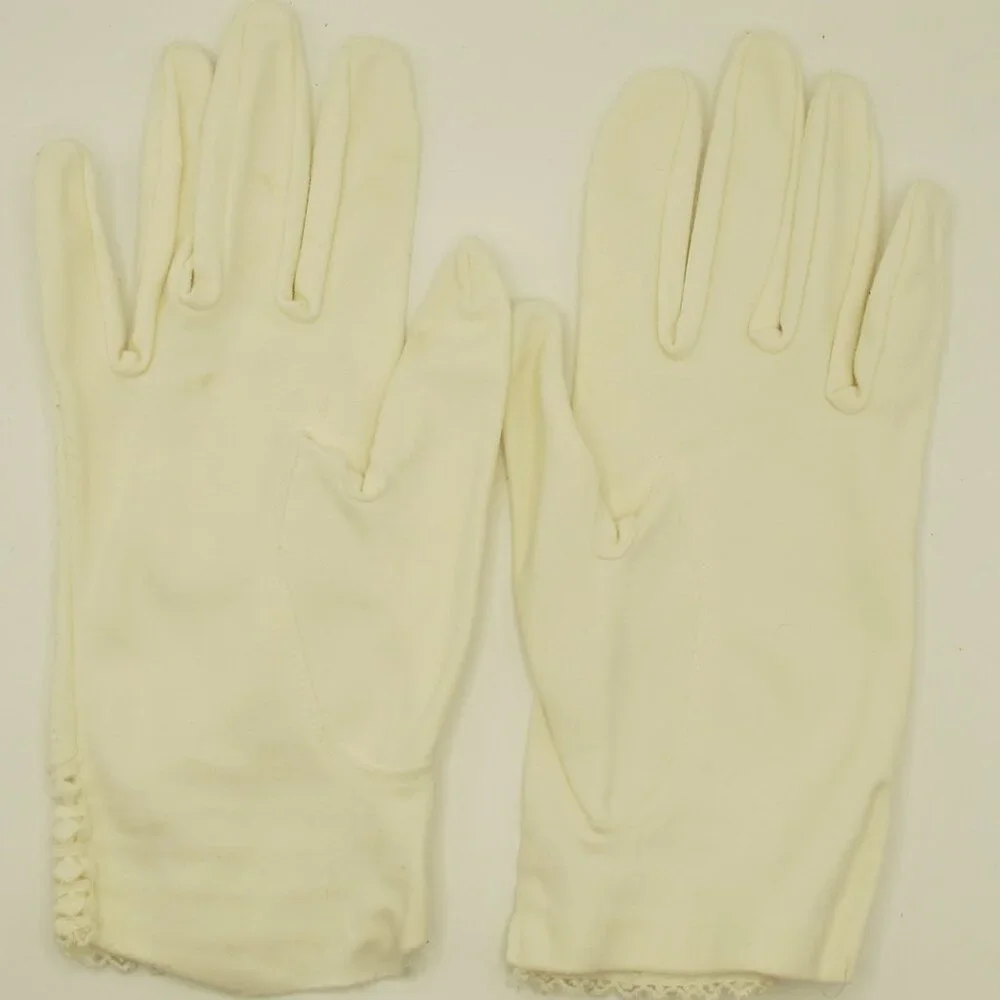 Ladies white nylon gloves with crochet detail at wrists – one size fits all